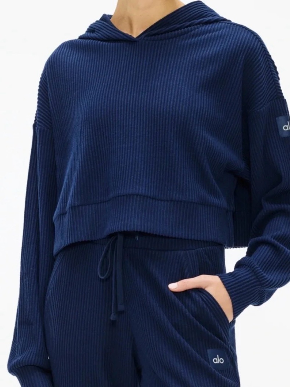 Alo Muse Ribbed cropped Hoodie in navy blue size Small